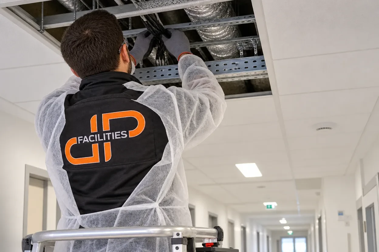 Visuel de marque : intervention en faux plafond dans un couloir d’établissement de santé
