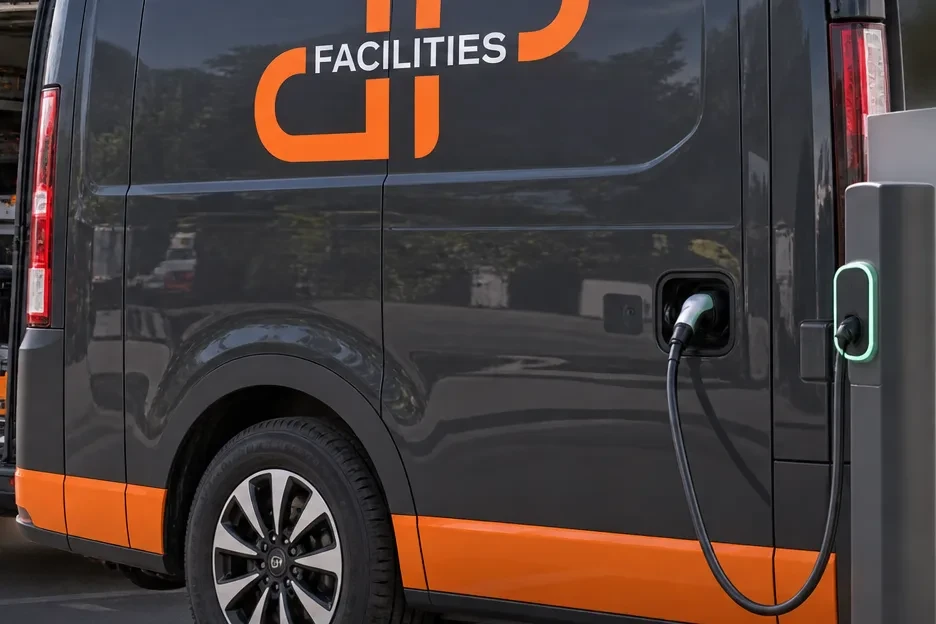 Visuel de marque : utilitaire électrique aux couleurs J&P en recharge