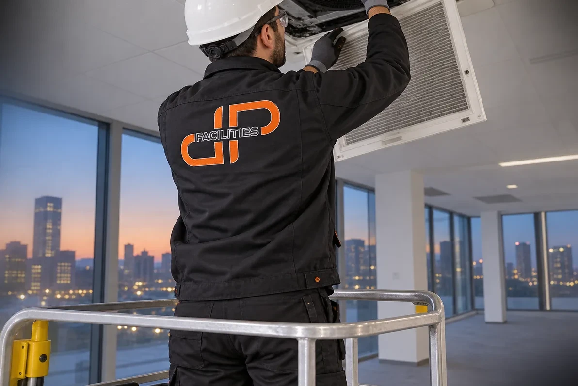 Visuel de marque : maintenance d’une unité de climatisation en faux plafond